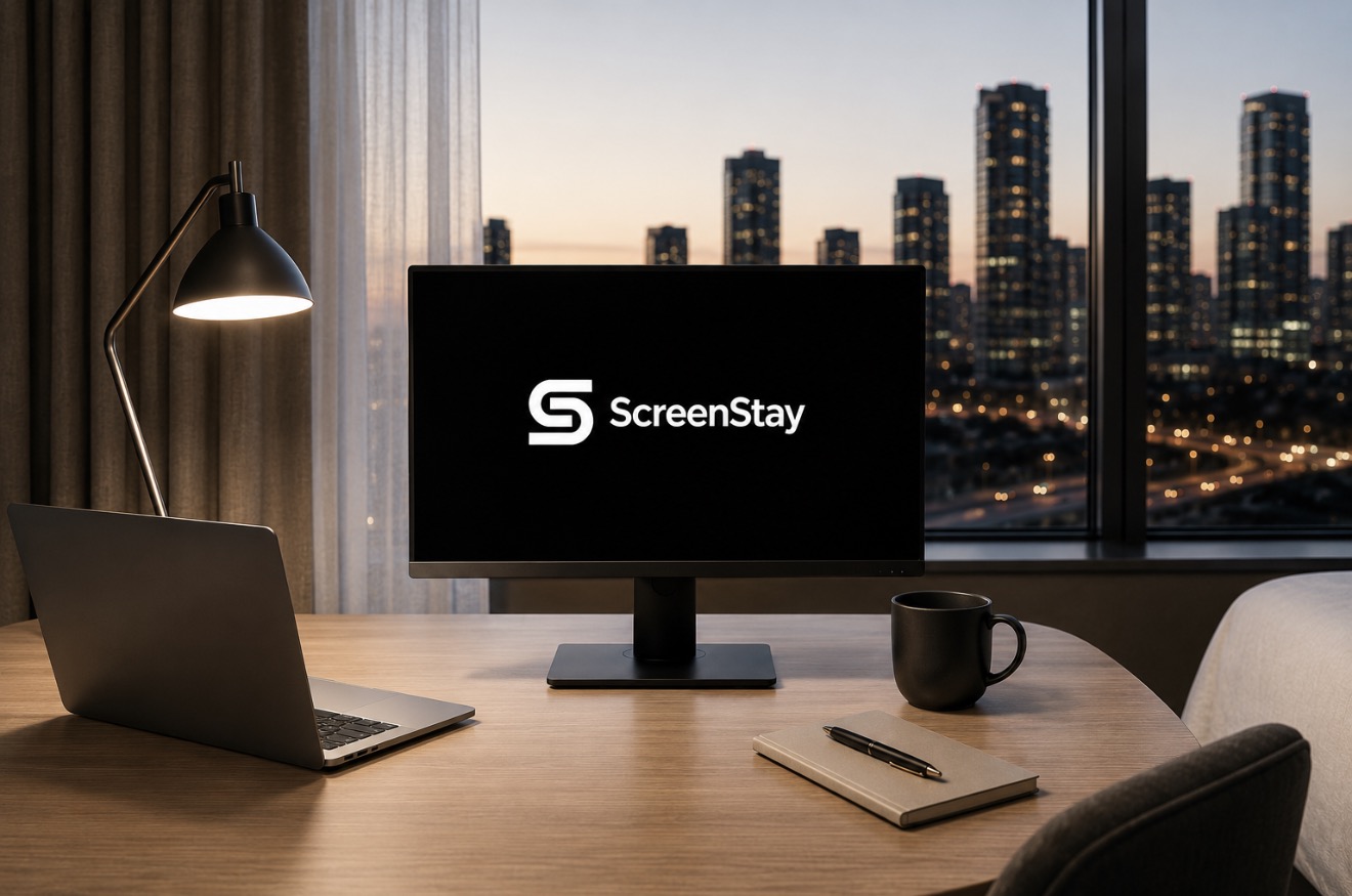 ScreenStay 27-inch portable monitor set up on a hotel desk