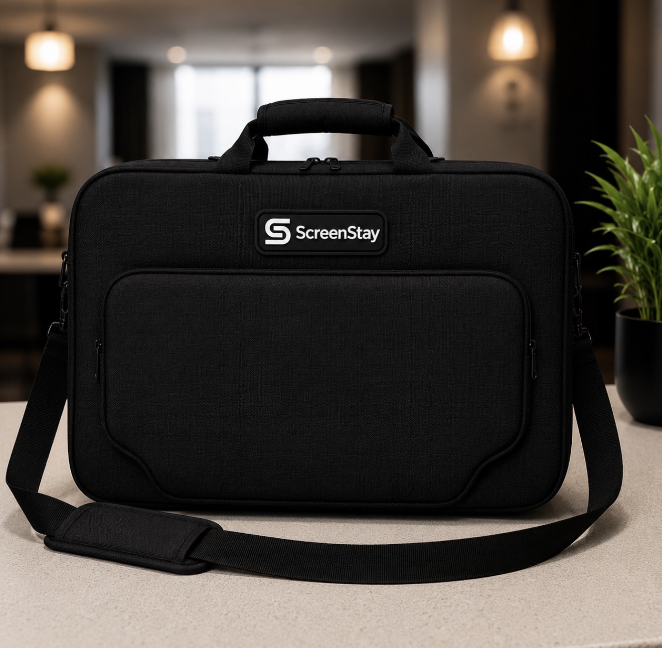 ScreenStay kit including 27-inch monitor, cables, and lightweight carrying case