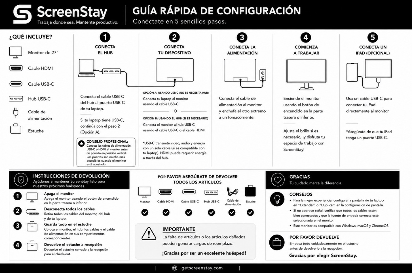 Guía Rápida de Configuración ScreenStay (Español) — Conecta el hub, conecta tu dispositivo, enciende el monitor, empieza a trabajar y opcionalmente conecta un iPad.